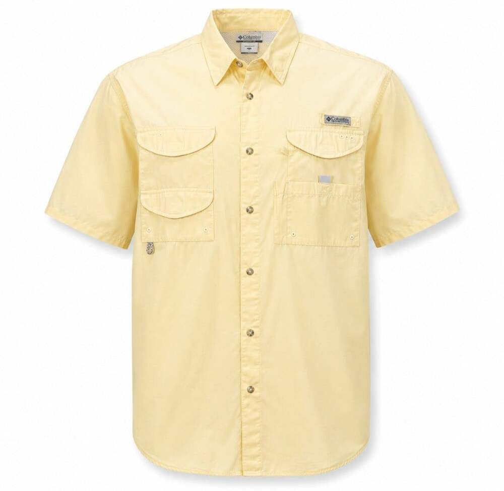 Columbia PFG Fishing Shirt Men XXL Yellow Vented Mesh Utility Short Sleeve